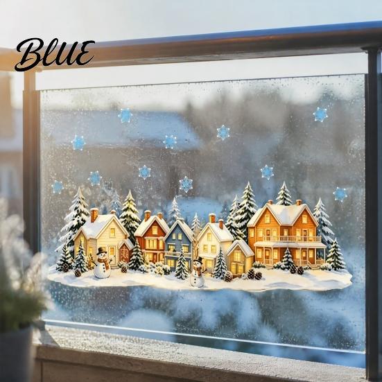 Holiday Glass Stickers Christmas Snow Village Static Window Cling Glowing Warm Scenery Sticker Reusable Party Decor for Glass Snowman House