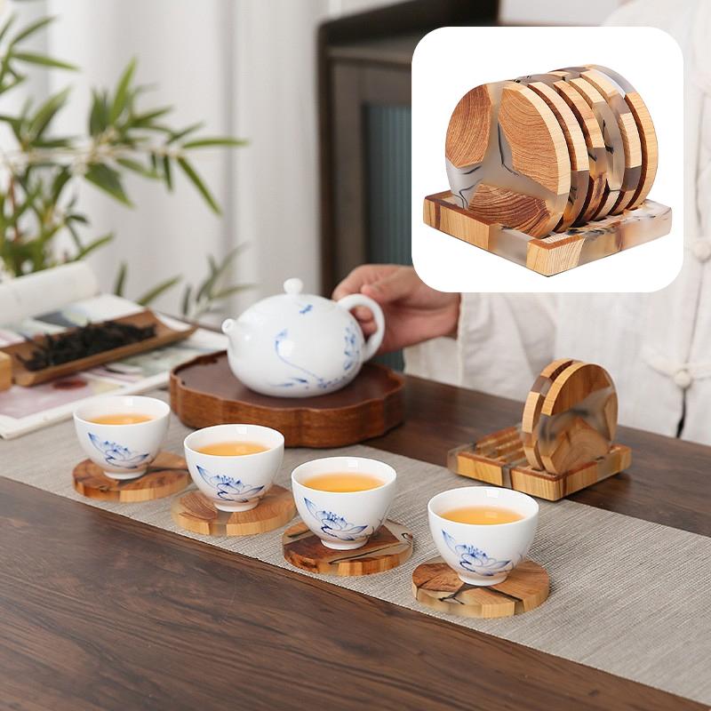 6Pcs Heat Insulation Wooden Resin Cup Pads with Base Traditional Chinese Ink Painting Tea Coaster Set KongFu Tea Accessories