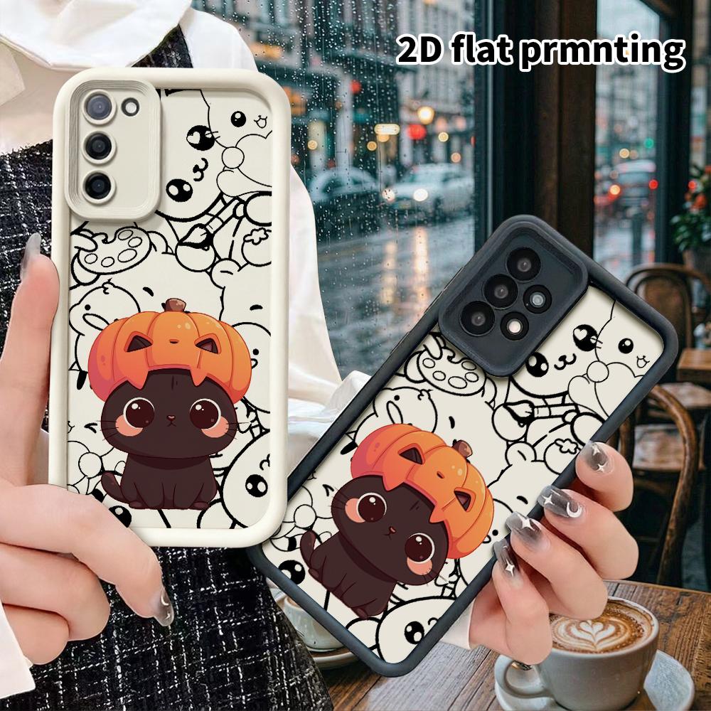 Phone Case: 2D flat, suitable for Samsung Galaxy A34 A35 M05 M06 S20 S22 S21 FE Plus 5G protective cases, pumpkin head little black cat, perfect Chris