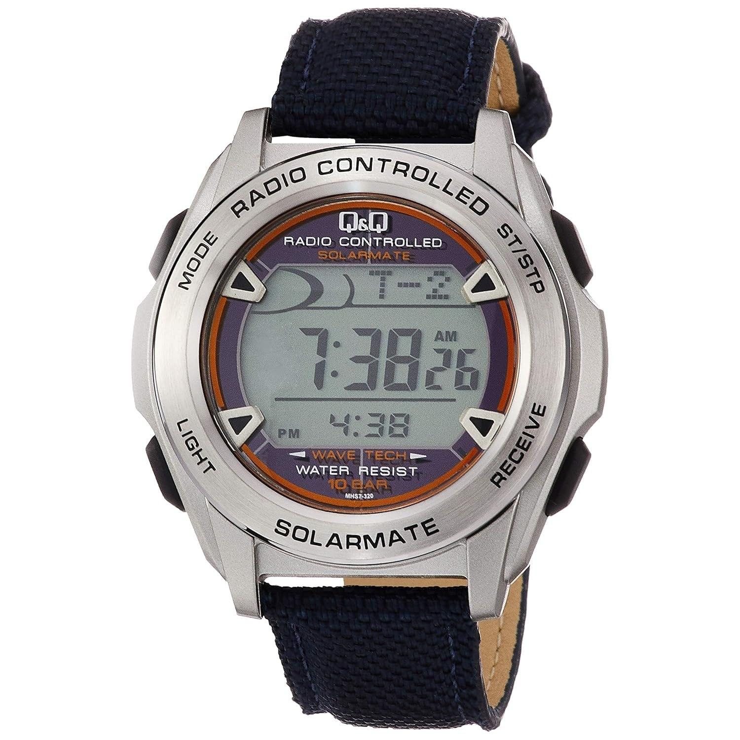 Citizen QQ wristwatch digital radio solar waterproof date leather strap MHS7-320 mens navy