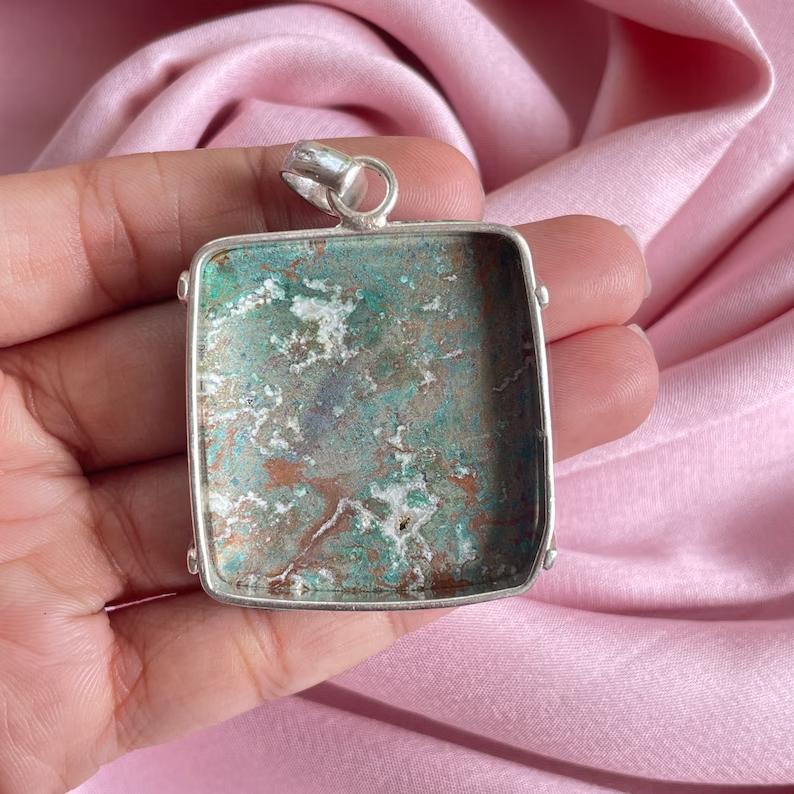 Chrysocolla Pendant With Silver Chain Necklace 925 Sterling Silver Pendant