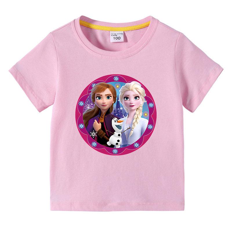 2026 Children's T-shirt Cute Disney Elsa Princess Cartoon Print Pure Cotton Breathable Round Neck Short Sleeve