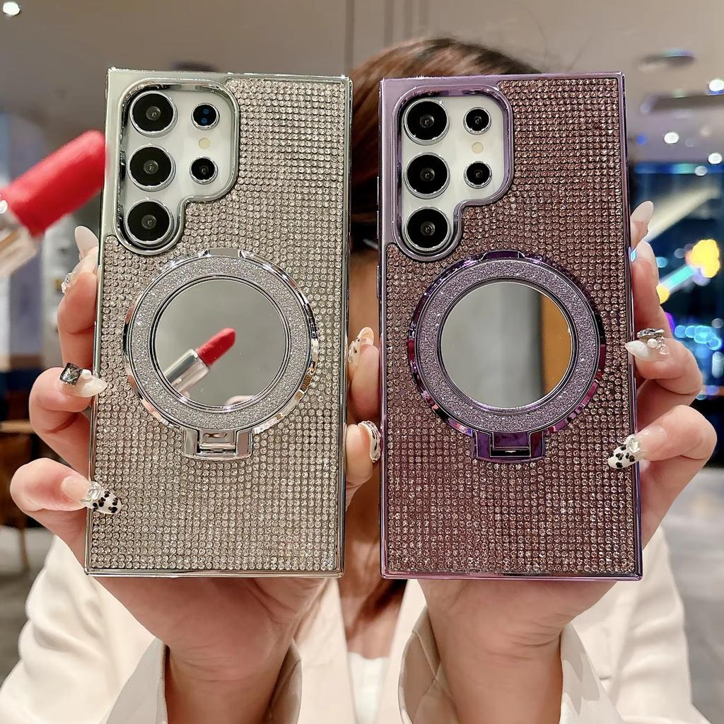 Diamond Glitter Mirror Phone Case For Samsung Galaxy S26 Ultra S23 S24 Ultra S25 Plus Magnetic Ring Stand Protector Cover