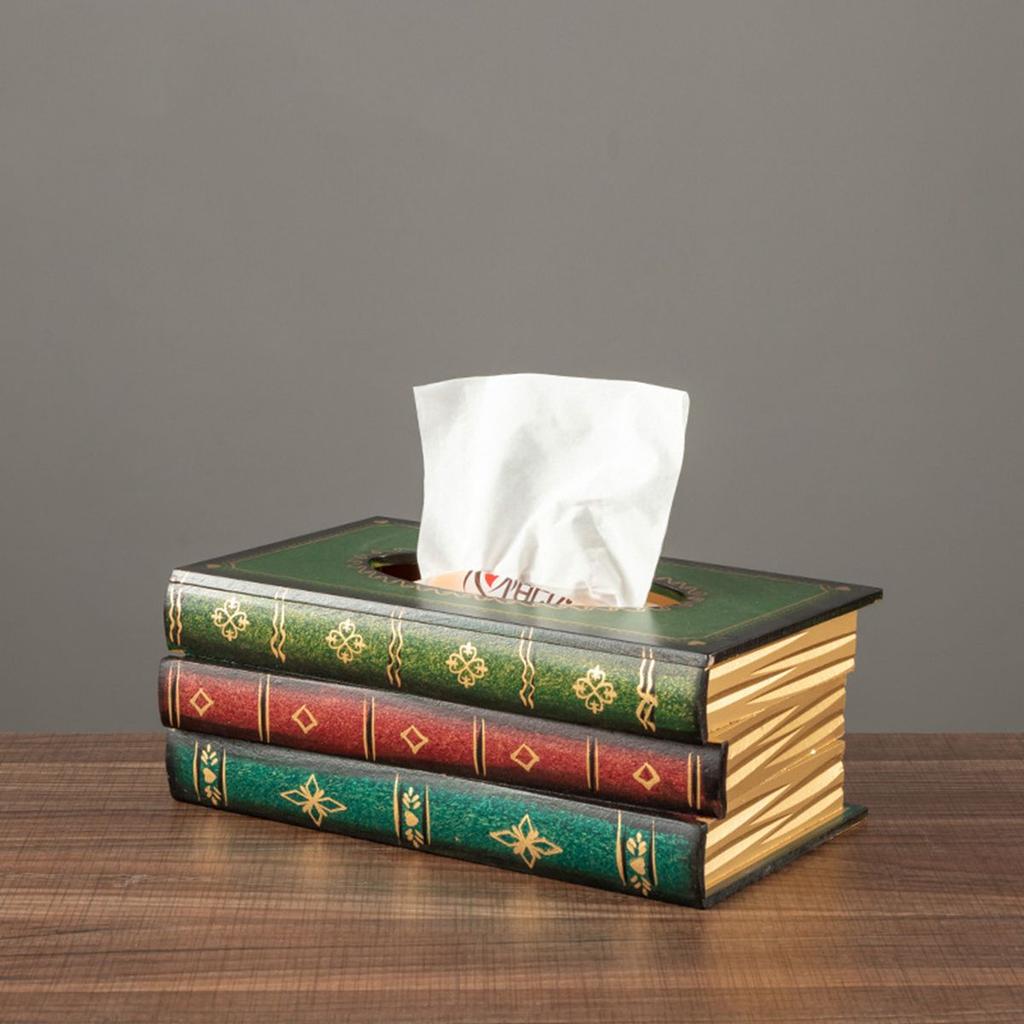Wooden Antique Book Shaped Napkin Box Tissue Holder Wipes Storage Case Paper Towel Dispenser