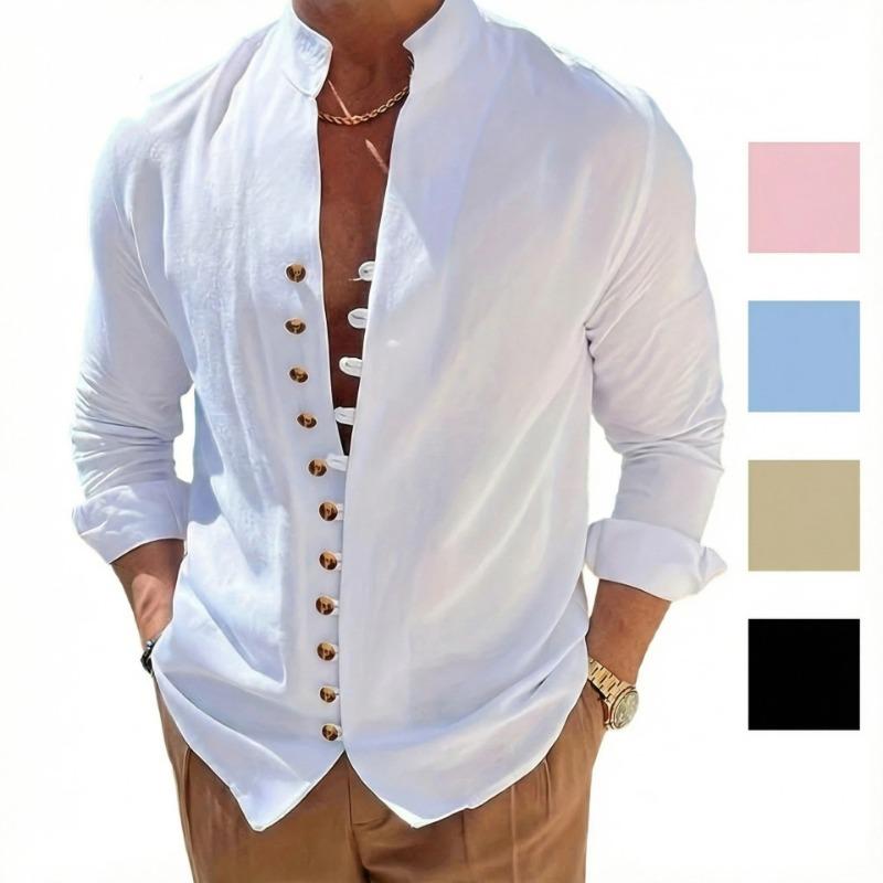 Men stand collar long sleeve shirt chinese style frog button spliced metal buttons loose casual daily vacation top