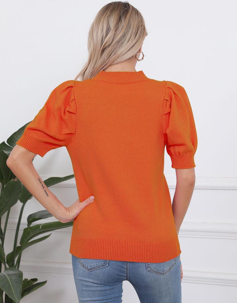 Halloween Women's Slim Fit Pumpkin Smile Knit Top - Short Sleeve Round Neck Sweater
