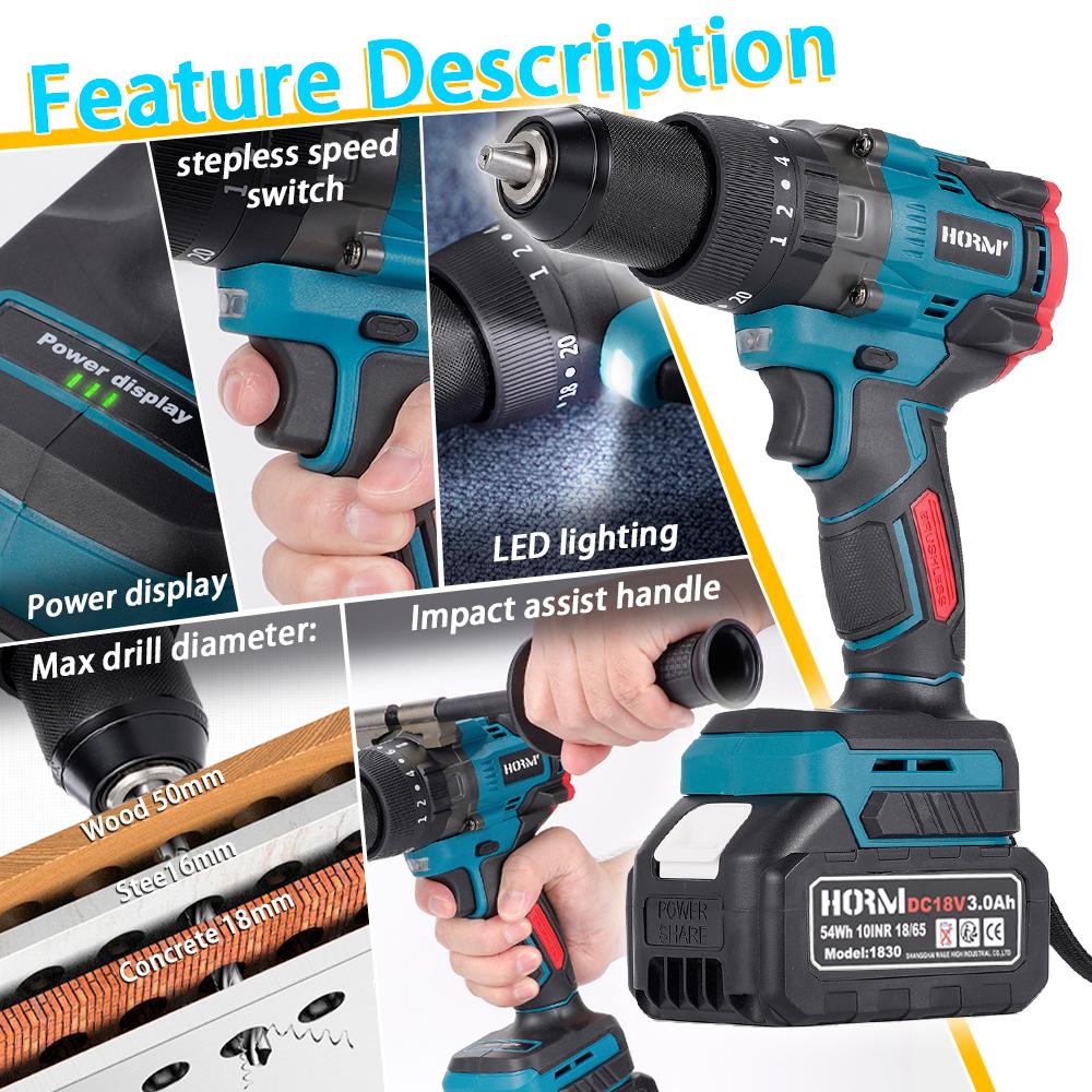 Brushless Electric Hammer Drill Cordless Screwdriver 150N.m 3 in 1 Powerful 2-Speed Impact Drill Tool For Makita 18V Battery