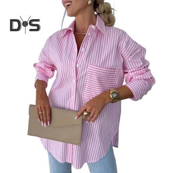 

Женская рубашка с лацканами, длинным рукавом, полосатым принтом, повседневные топы, планка на пуговицах, неровный подол, свободный крой, весна-осень, рубашка S розовый