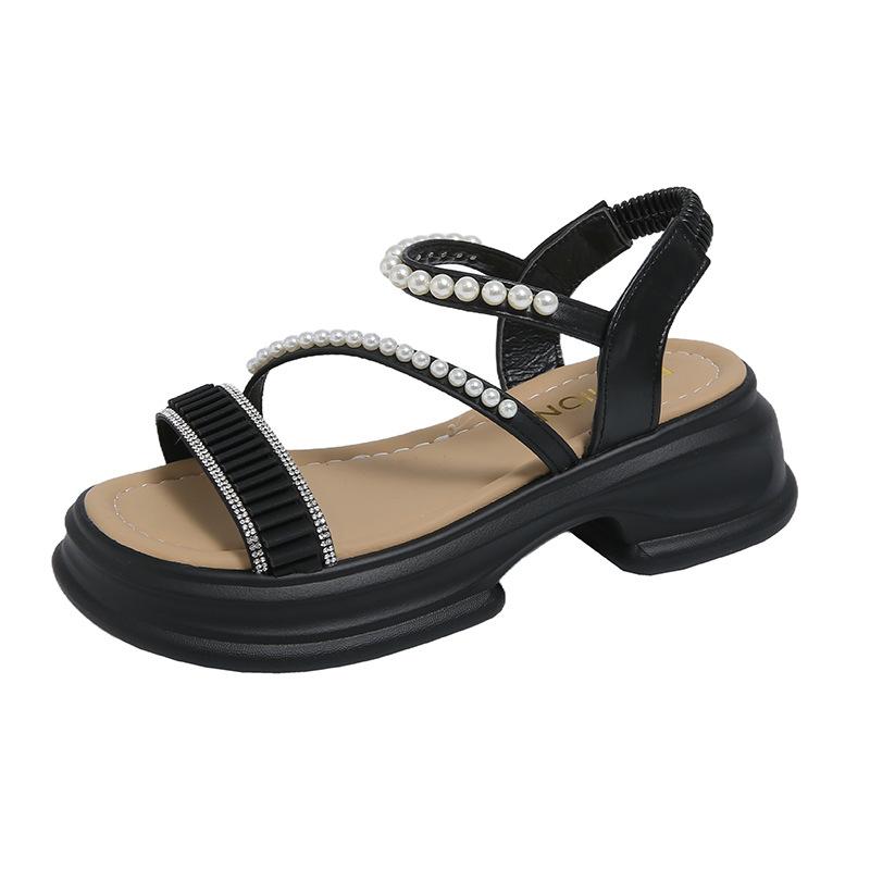 Fashion fairy style sandals female 2025 thick-soled hollow one-word pearl buckle belt simple beach sandals