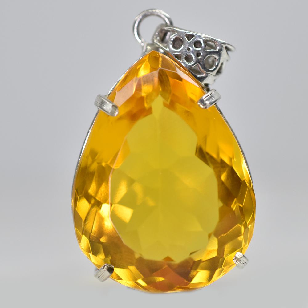 925 Sterling Silver 100 Ct Orange Topaz CERTIFIED Pear Cut Pendant Free Gift AI-86-NS