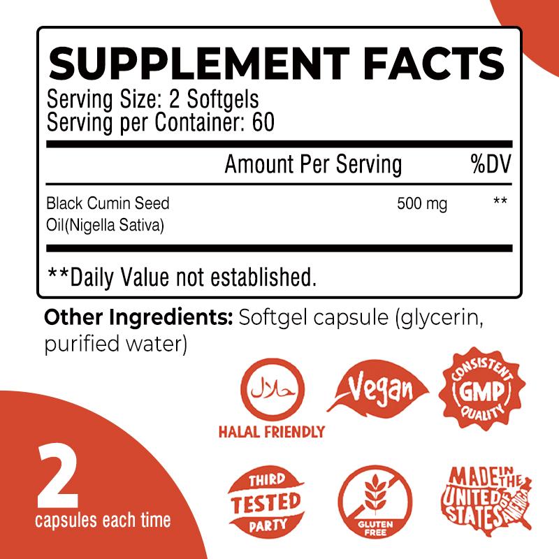 Olio di semi di cumino nero premium spremuto a freddo, 500 mg per porzione, supporta la salute delle articolazioni e della pelle, facilmente assorbibile.