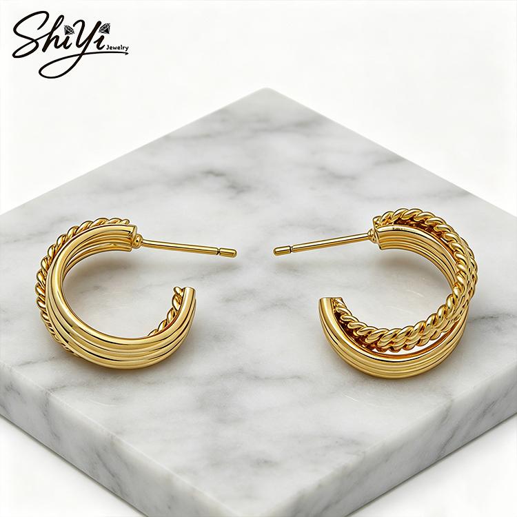 Double Layer Twisted 14K Gold Plated Copper Classic Hoop Braided C-Shape Huggie Earrings Party Jewelry for Women золотой