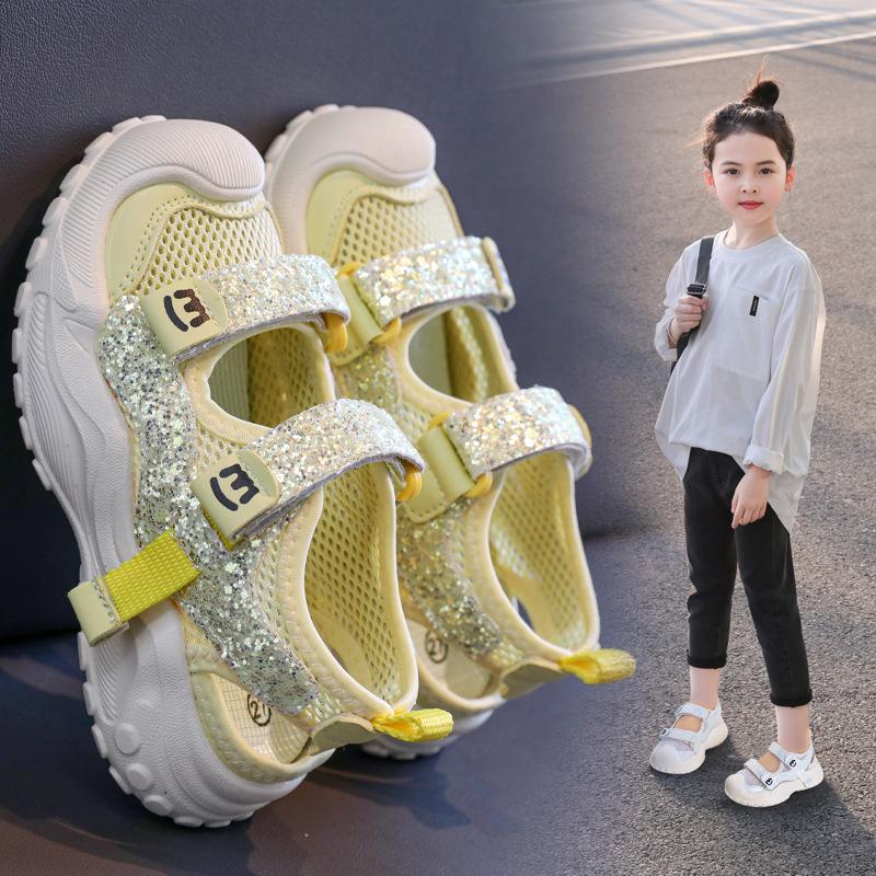 Children's Sparkling Princess Sports Sandals2026New Summer Solid Color Single Mesh Hollow Velcro Casual Shoes