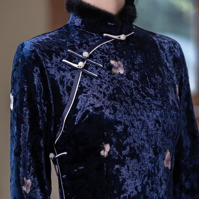 Womens Long Sleeve Velvet Winter Qipao Dress Vintage Chinese Style Modernized Fit