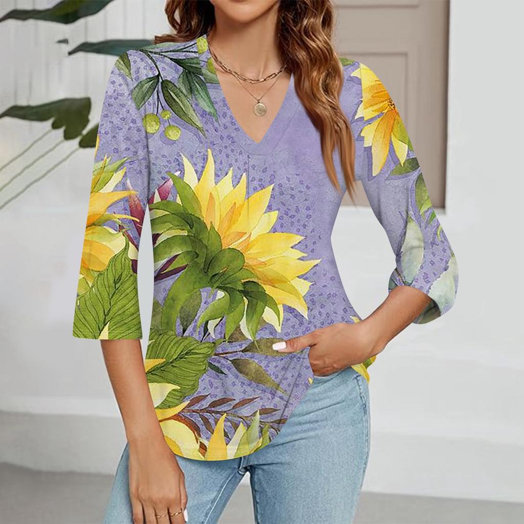 Modisches Oberteil mit V-Ausschnitt, Farbverlauf-Print und Dreiviertelärmeln für Damen
