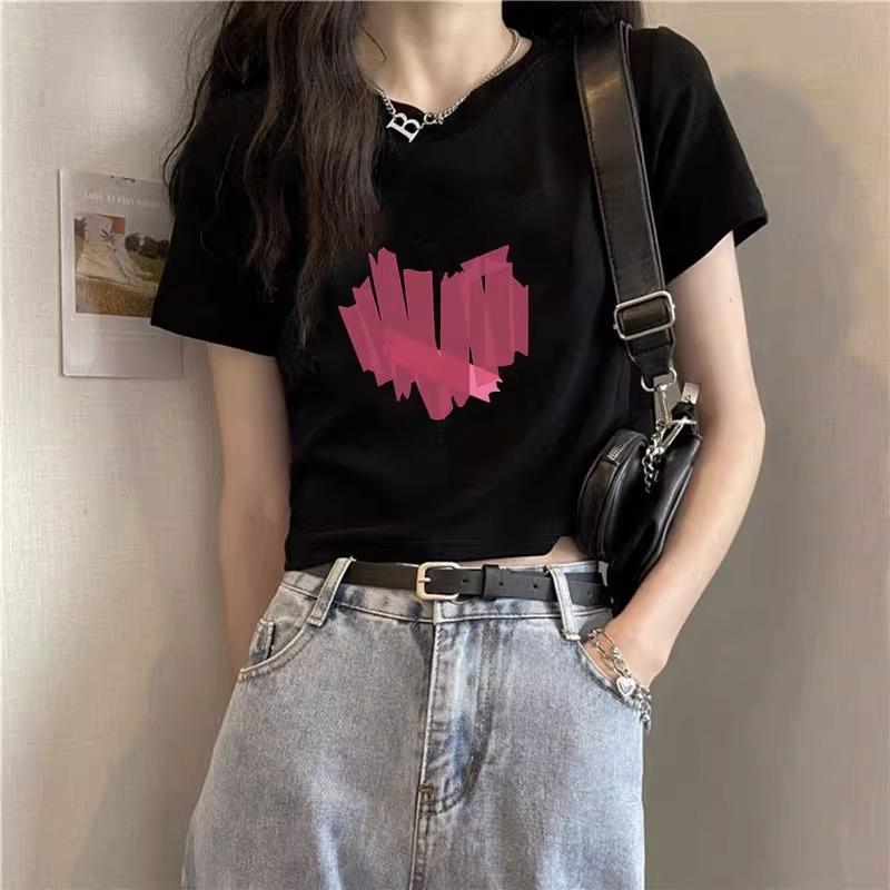 A pure cotton white t-shirt women's design front shoulder short sleeve summer letter print high waist spice top