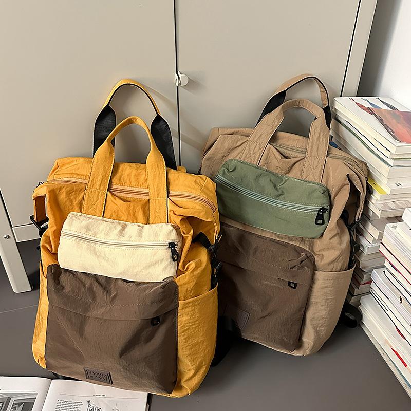 Portable backpack simple contrasting color middle school student backpack velvet square label schoolbag