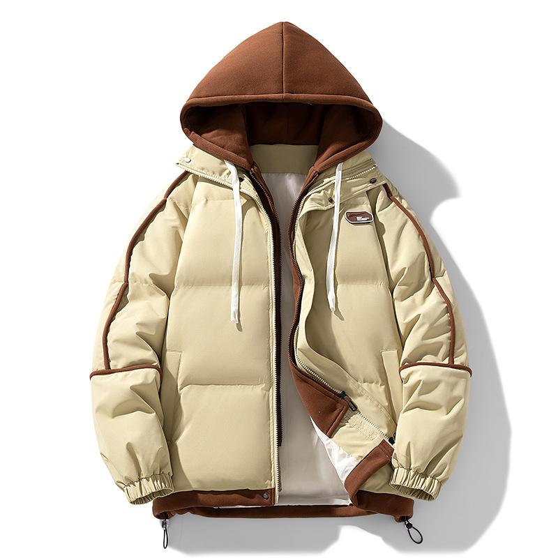 Chest Label Winter Cotton Coat Men and Women with The Same Paragraph Loose Hooded Striped Couple Paragraph Cotton Clothing Fake Two Pieces Jacket Men