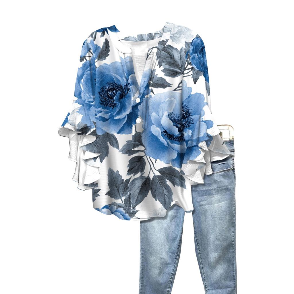 Letnie damskie topy z dekoltem w serek i rękawem trzy czwarte, koszule w stylu vintage z kwiatowym nadrukiem, codzienne koszule