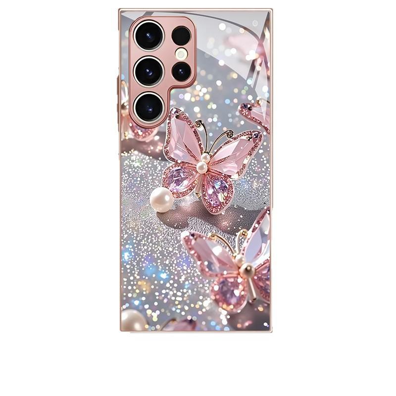 Sparkling Diamond Pearl Butterfly Glass Phone Case Suitable for Samsung Galaxy S26 S25 S24 S22 S21 S20 FE Ultra Plus Anti Drop