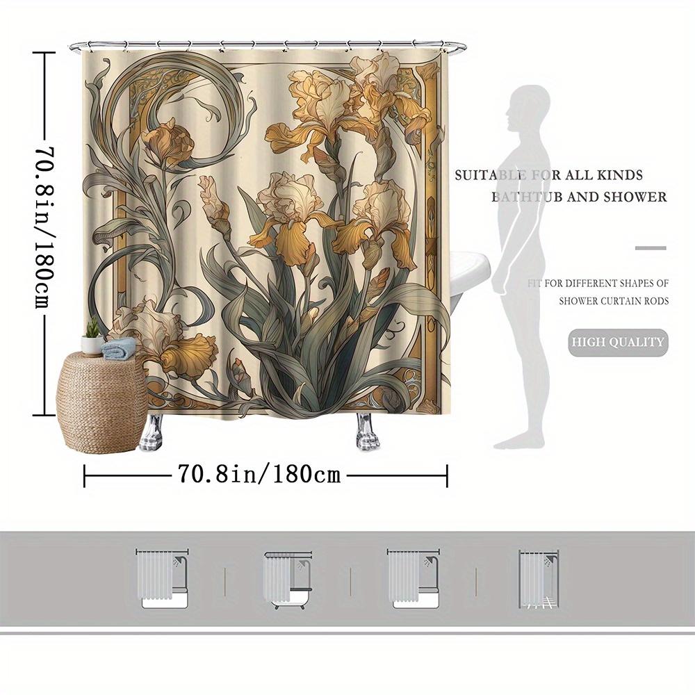 Sprchový závěs s květy kosatce, Styl Art Nouveau, Polyester odolný proti vyblednutí, Lze prát v pračce, Odolná koupelnová dekorace