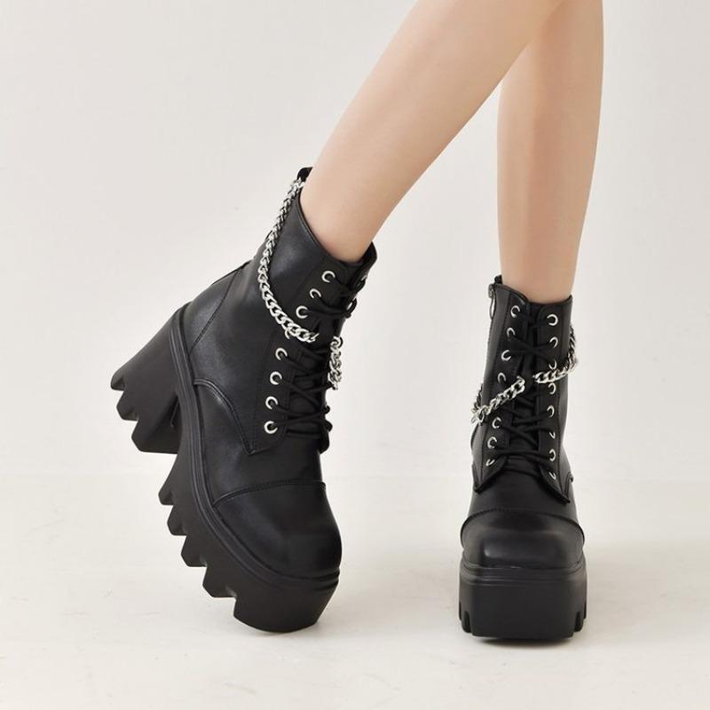 Outer size large size short boots women's autumn new thick-soled thick heel lace-up short boots women's explosion