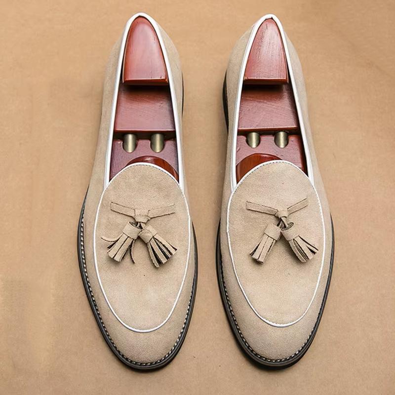 Fashion New Wedding Dress Suede Leather Shoes Men Green Beige Black Tassels Driving Shoes Prom Homecoming Party Oxfords Footwear Zapatos
