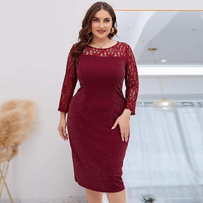 

Женское платье Лето Длинный рукав Кружева Женские Длинные Платья Повседневные Платья Большого Размера С О-Образным Вырезом 4XL
