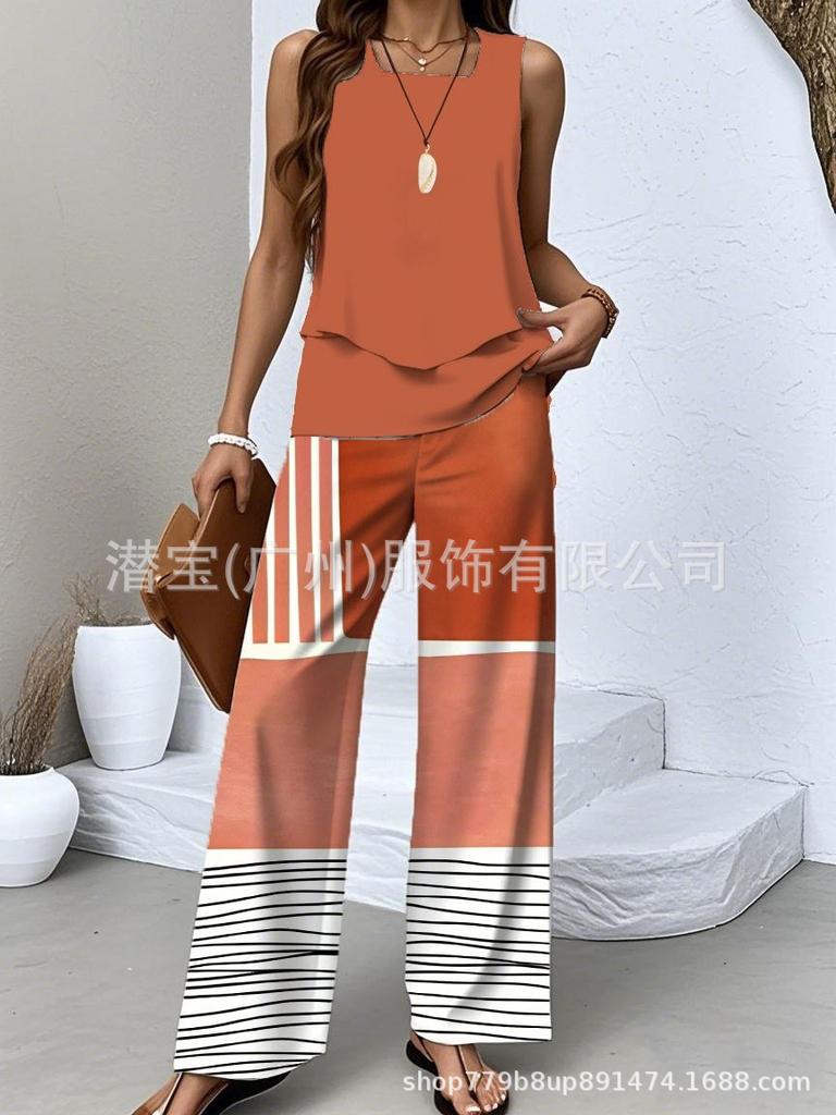 New European and American women's clothing spot explosion sleeveless casual double-layer vest plus pants set two-piece set