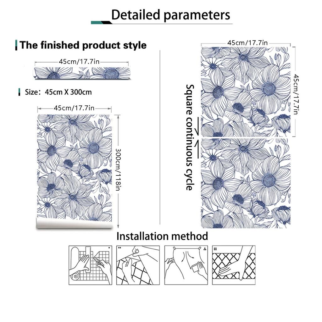 Floral Peel and Stick Wallpaper Blue White Boho Contact Paper for Bedroom Bathroom Removable Self Adhesive Wallpaper Rolls