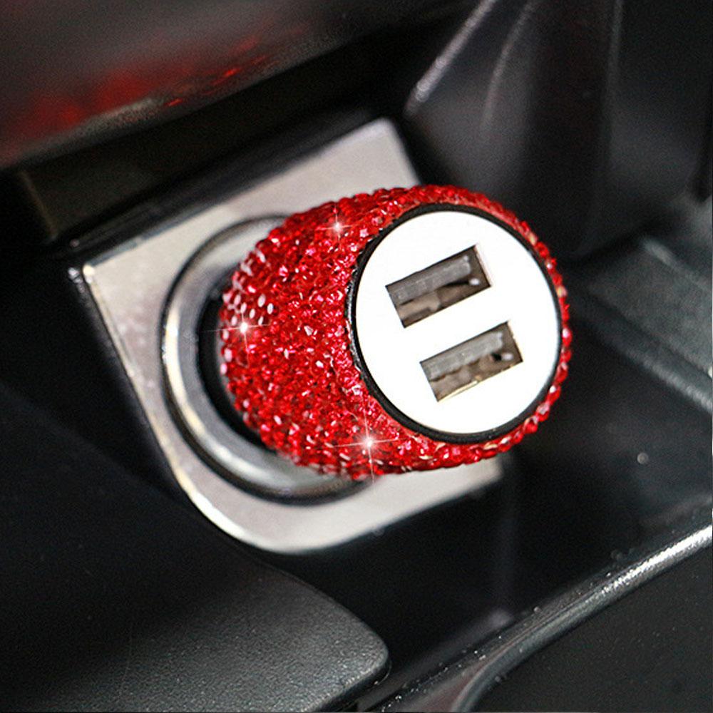 Dual USB Car Charger Bling Bling Handmade Rhinestones Crystal Car Decorations for Fast Charging Car Decors for iPhone/Samsung