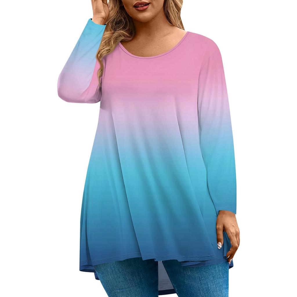 Women's Fashion Large Size Round Neck Long Sleeve Casual Print Loose Pullover Top