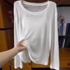 White sunscreen blouse women's lazy casual loose T-shirt early spring thin slightly transparent long-sleeved knitted top