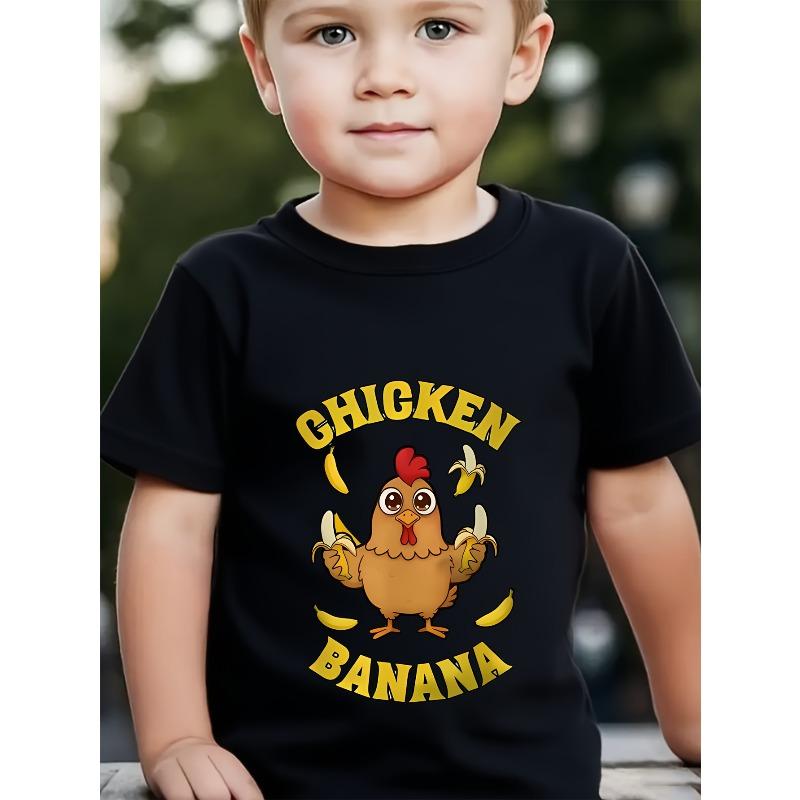 T-shirt Bianca Girocollo Manica Corta da Ragazzo, Divertente Stampa Cartoon Pollo Banana con Slogan "CHICKEN BANANA", Top Casual Giocoso per Bambini