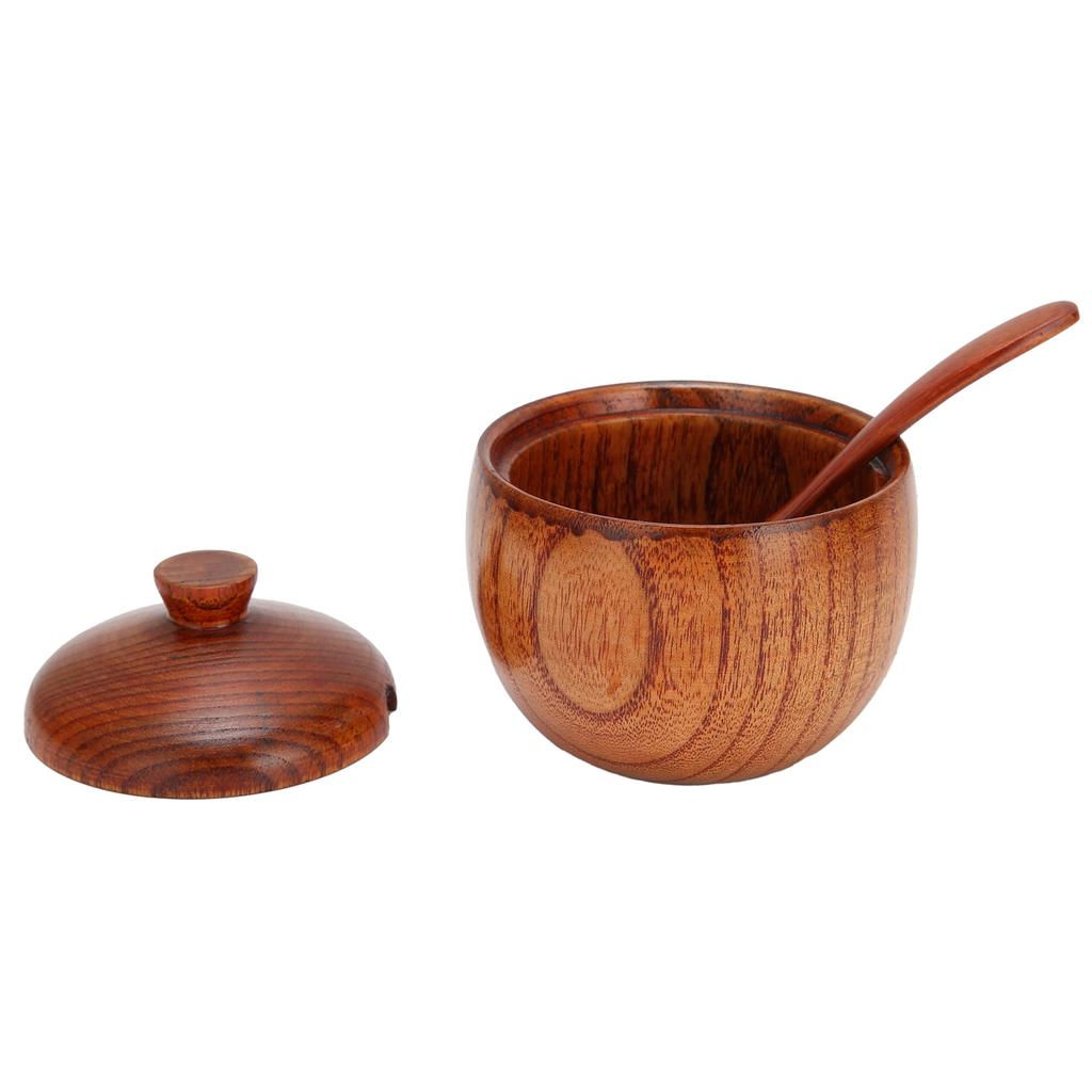 Wood Spice Pot Sugar Bowl Salt Pepper Seasoning Box with Spoon and Lid Kitchen Tool