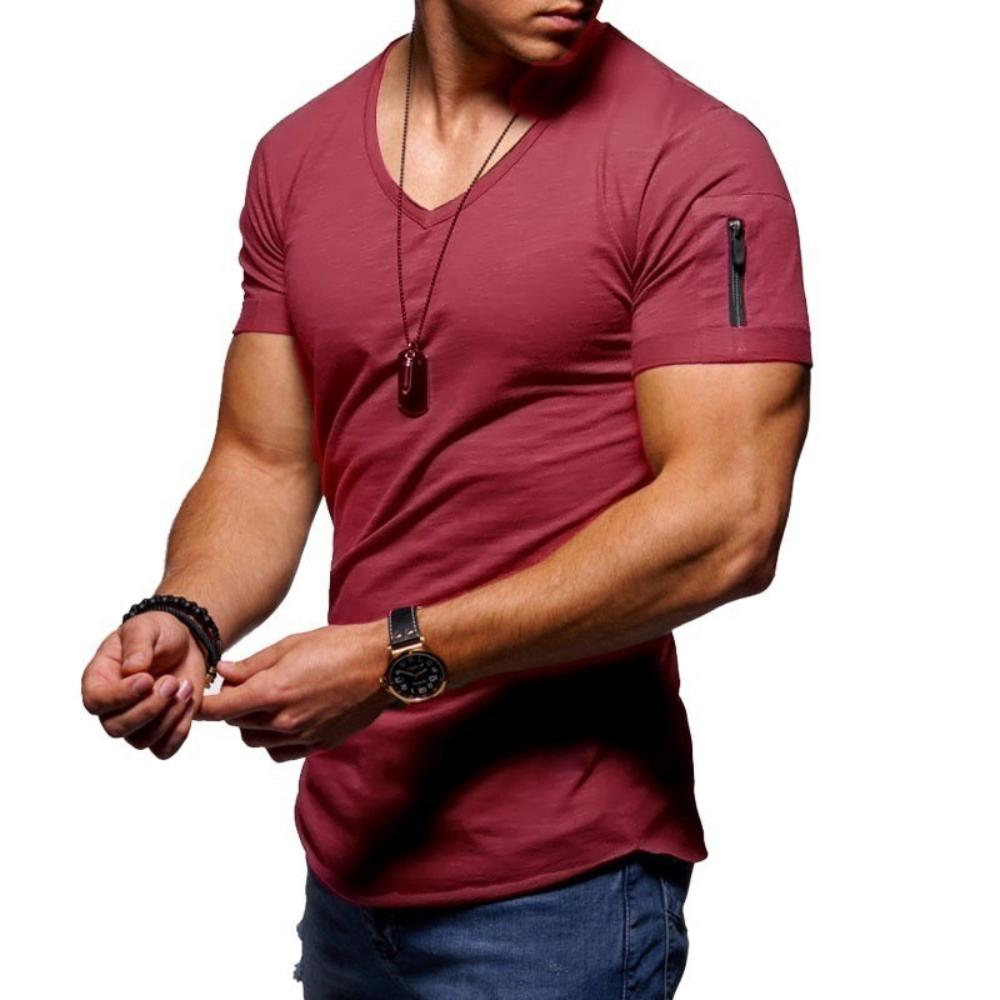 Men V-Neck Casual T-shirt Solid Color Slim Fit Gym Sports Fashion Zipper Design Short Sleeve T-shirts Soft Comfortable Tops