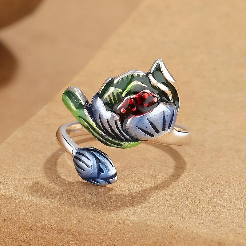 Retro Court Blue Enamel Lotus Ring Women 'S National Tide National Wind Drops Craftsmanship Individual Jewelry