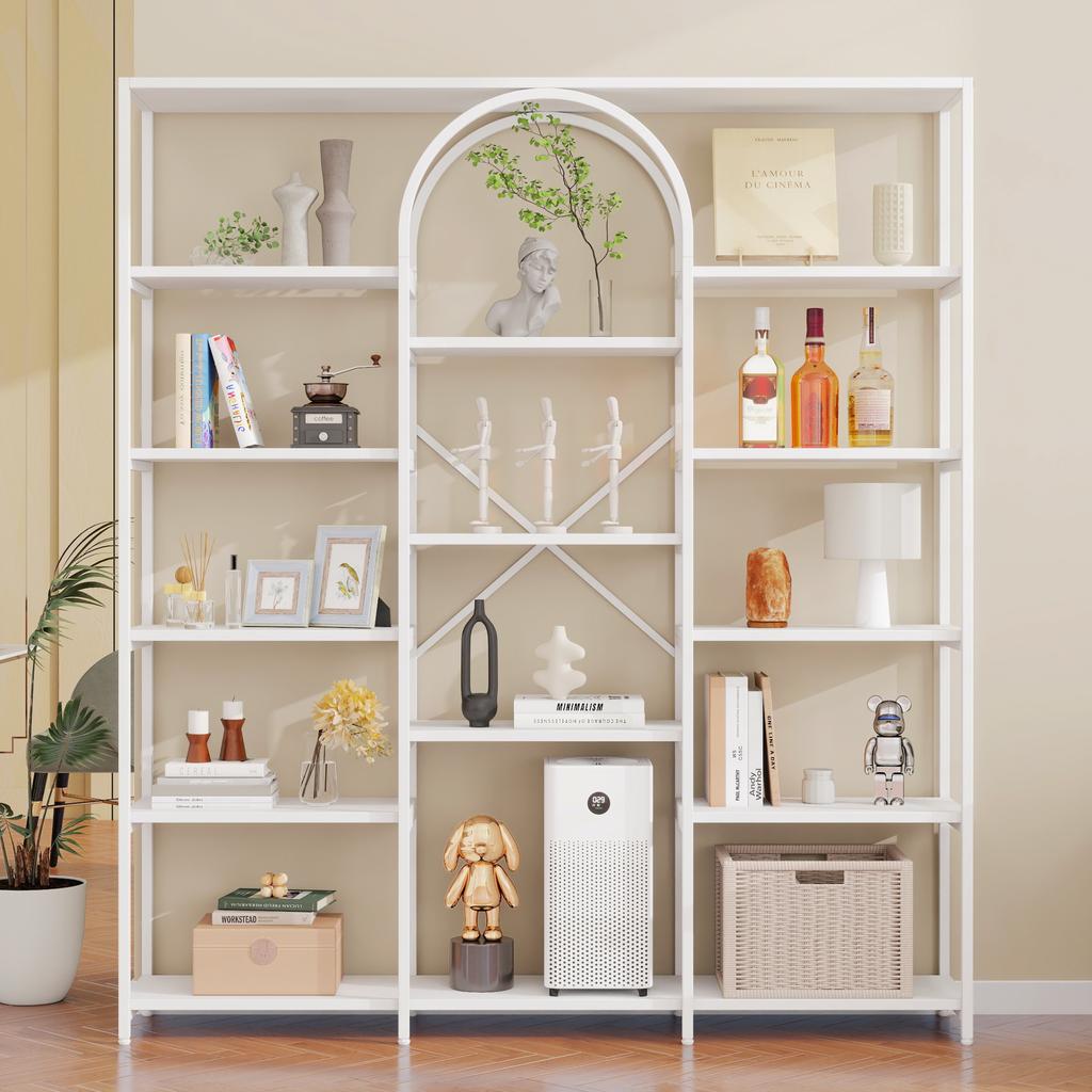 160 x 30 x 180 cm Shelf in Modern, Minimalist Style, Made of Steel Tubes and MDF, Multiple Storage Compartments, Rectangular + Arch Design, White
