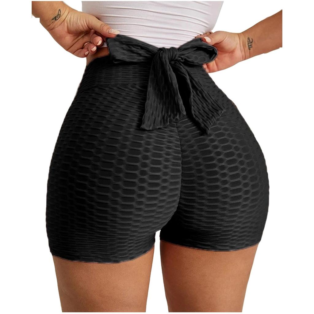 Summer Women's Athletic Shorts Solid Color Gym Running Workout High-Waisted Bowknot Stretchy Leggings Yoga Shorts Plus Size S-2XL