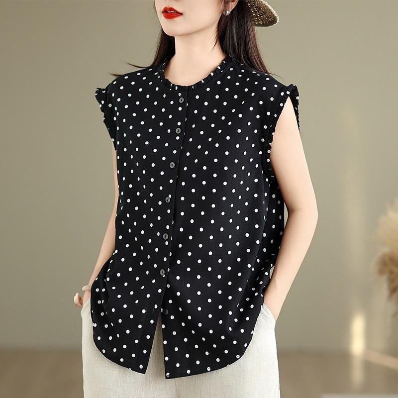 Kurzarm Oversize Baumwolle Pünktchen Vintage Hemden & Blusen für Bluse Lässig locker Sommer Oberteile Damen Knopfleiste Hemd