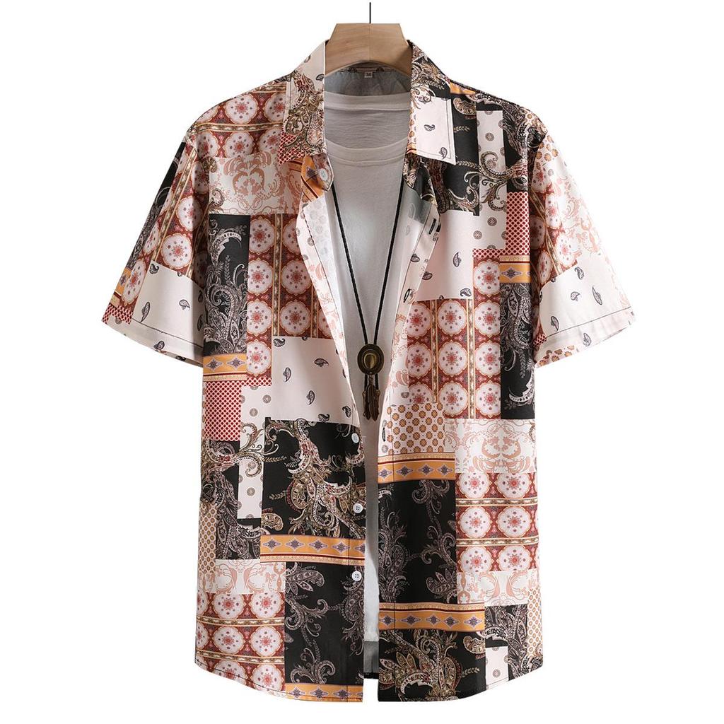 Men's Cashew Print Short Sleeve Summer Shirt - New Style, Polyester, Fashionable.