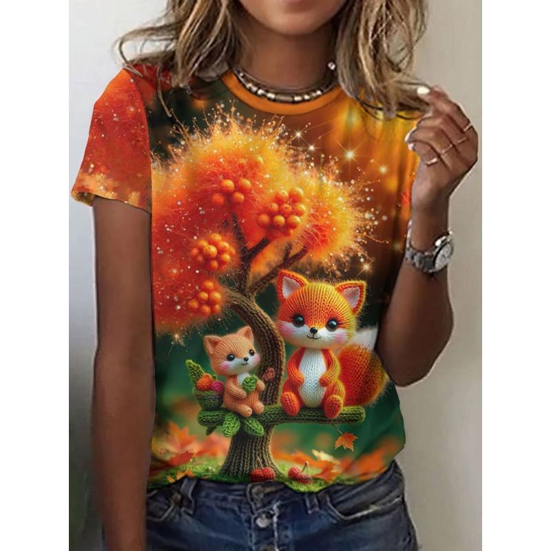 Women's Short-sleeved Round-neck T-shirt with Fox Pattern Print