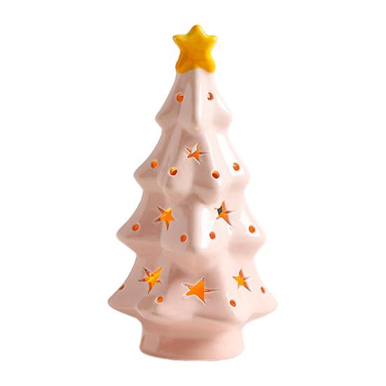 Lighted Ceramic Christmas Tree Small Xmas Tree Figurine with Fruit Tree Topper Holiday Tabletop Centerpiece for Home Mantel Shelf Fireplace Decor