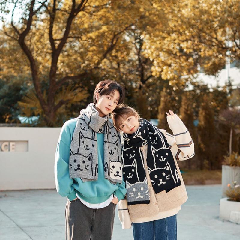 Winter New Couple Scarves Knit Wool Unisex Student Wrap Korean Style Cat Cute Cartoon Thick Warm