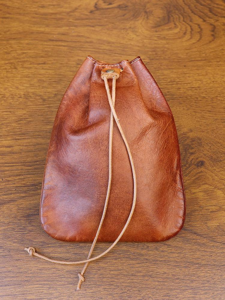 European Retro Cowhide Coin Purse: Hand-rubbed Leather Change Pouch with Drawstring