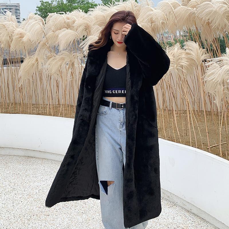 Autumn and Winter Thickened Imitation Rabbit Fur Long Hooded Loose Knee Jacket Women's Plush Coat Imitation Fur