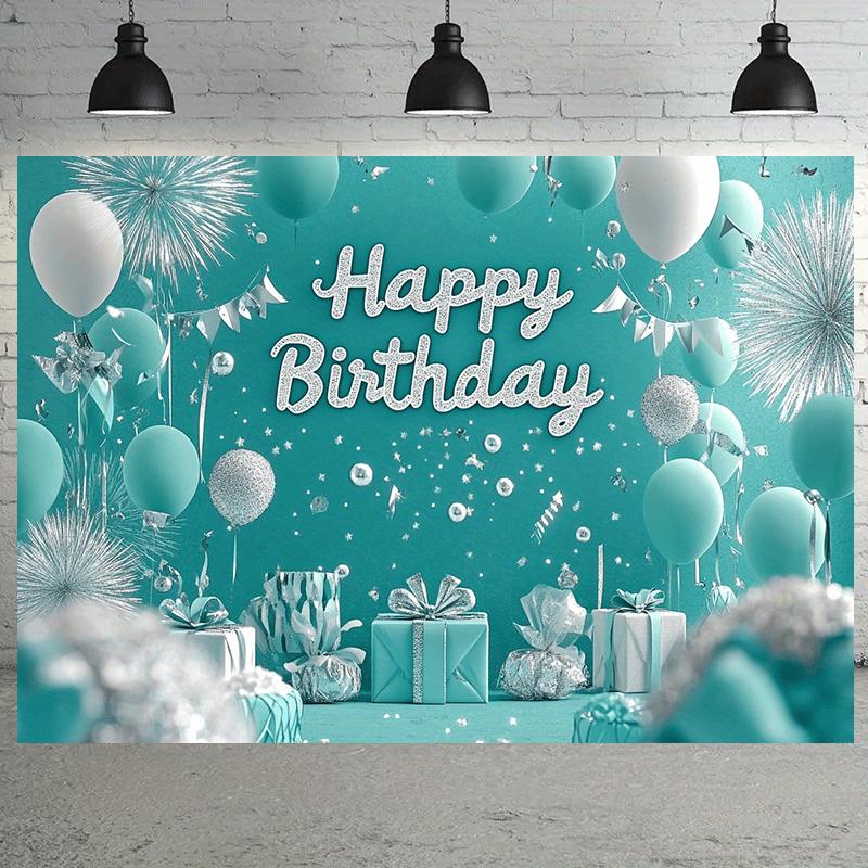 1 blue and turquoise Birthday party banner - Festive polyester with balloons confetti and gift boxes 100x150cm