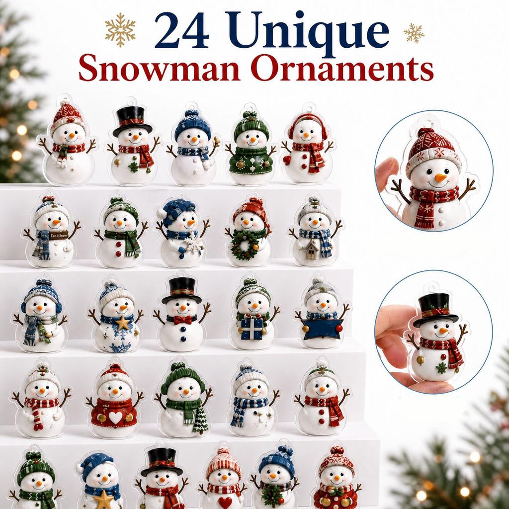 Snowman Christmas Advent Calendar with Acrylic 2D Snowman Hanging Ornaments