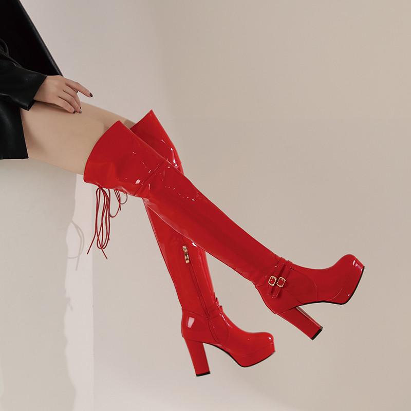 Dámské boty na vysokém podpatku podzimní a zimní klasické voděodolné platformové silný podpatek plus kozačky nad koleno