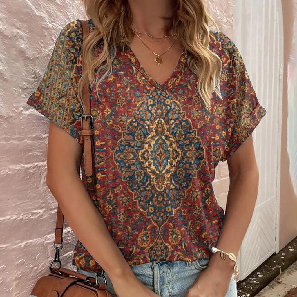 Bohemian Style Short Sleeved 3D Color Printed Trendy Casual Loose T-shirt